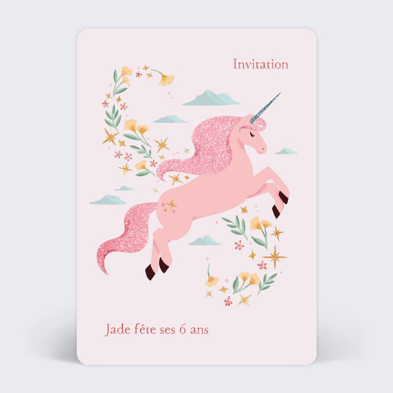 Invitation anniversaire enfant Licorne Rose
