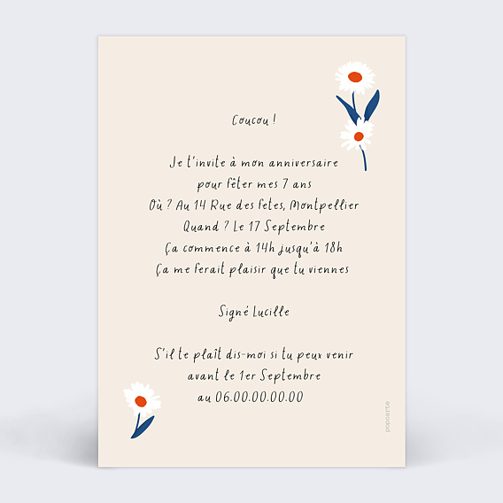 Invitation Anniversaire Enfant Pâquerettes