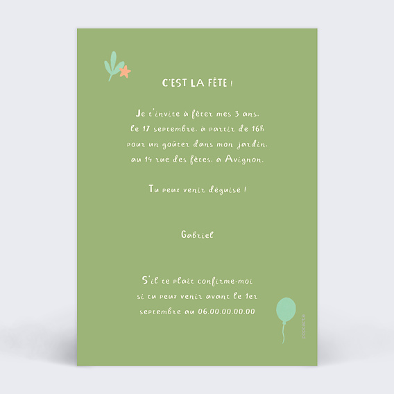 Invitation anniversaire enfant Gâteau crocodile Verso
