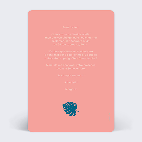 Invitation anniversaire enfant Flamant Rose Verso