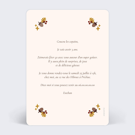 Invitation anniversaire enfant Bois Magique Verso