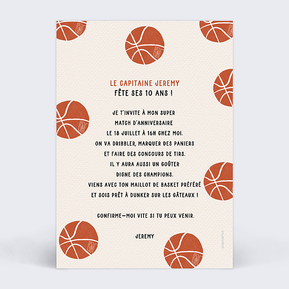 Invitation anniversaire enfant Champion Basketball Verso