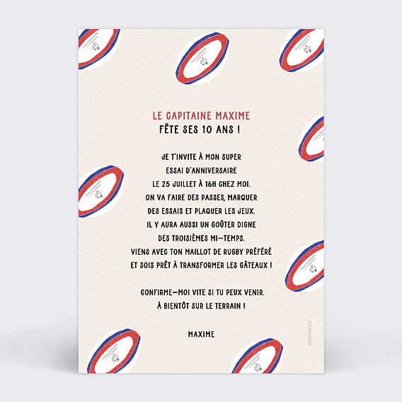 Invitation anniversaire enfant Champion Rugby Verso