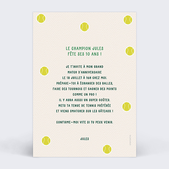 Invitation anniversaire enfant Champion tennis Verso
