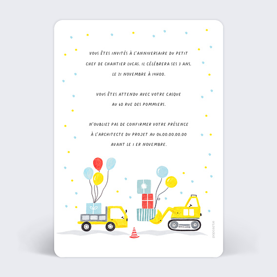 Invitation anniversaire enfant Chantier Verso