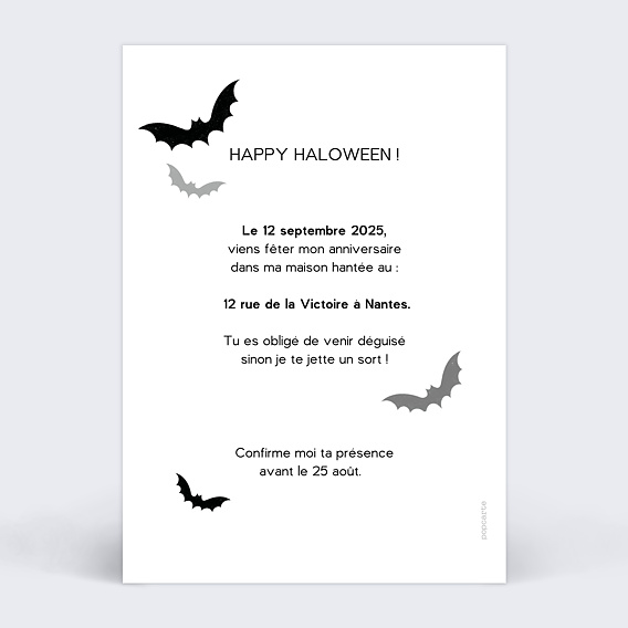 Invitation anniversaire enfant Chauve-Souris Verso