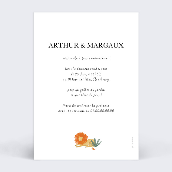Invitation anniversaire enfant Double Jungle Animée Verso