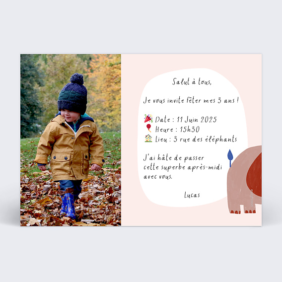 Invitation anniversaire enfant Éléphant Verso