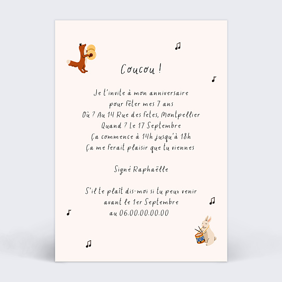 Invitation anniversaire enfant Fanfare Verso