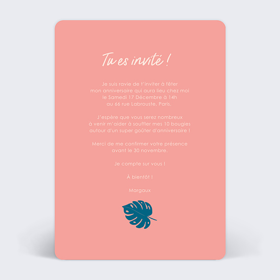 Invitation anniversaire enfant Flamant Rose Verso