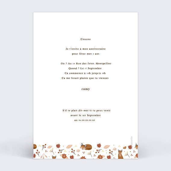 Invitation anniversaire enfant Frise Renard Verso