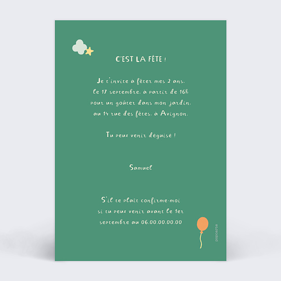 Invitation anniversaire enfant Gâteau dragon Verso