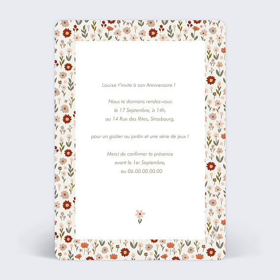 Invitation anniversaire enfant Liberty Automne Verso