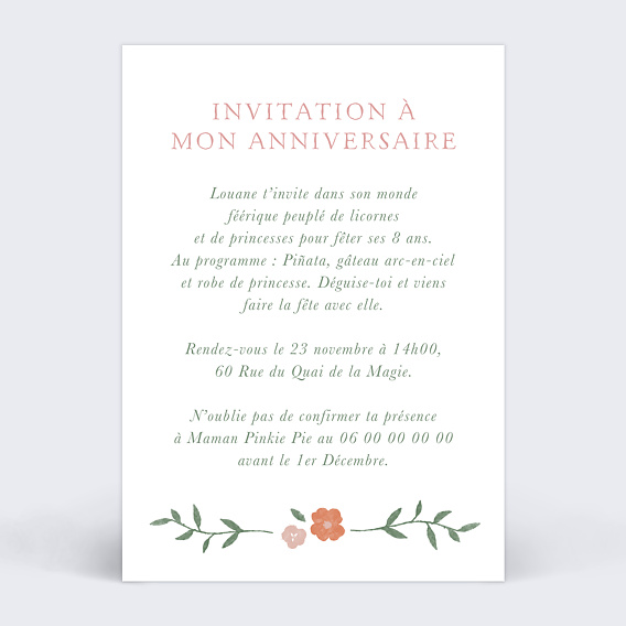 Invitation anniversaire enfant Licorne Fleurie Verso