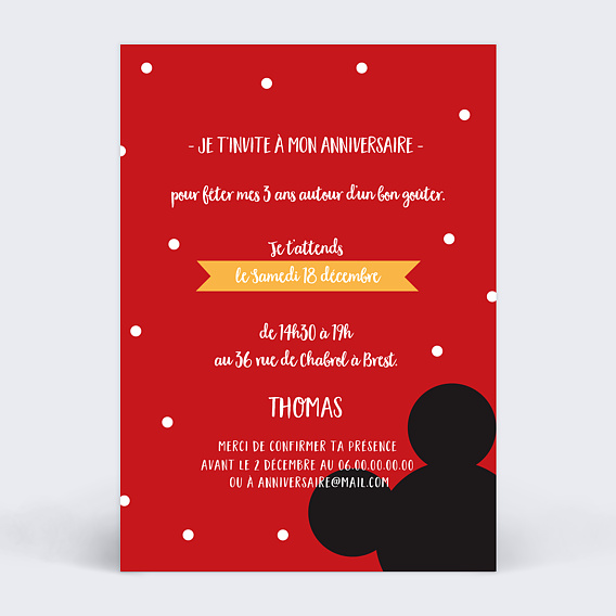 Invitation anniversaire enfant Mickey Verso