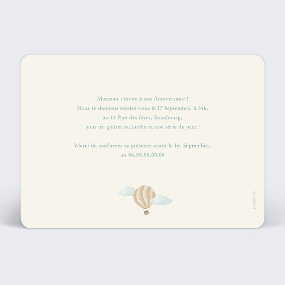 Invitation anniversaire enfant Montgolfière Vintage Verso