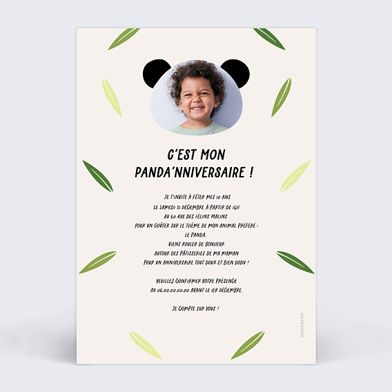 Invitation anniversaire enfant Panda souriant Verso