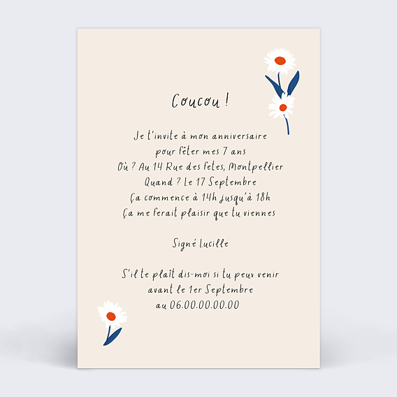 Invitation anniversaire enfant Pâquerettes Verso