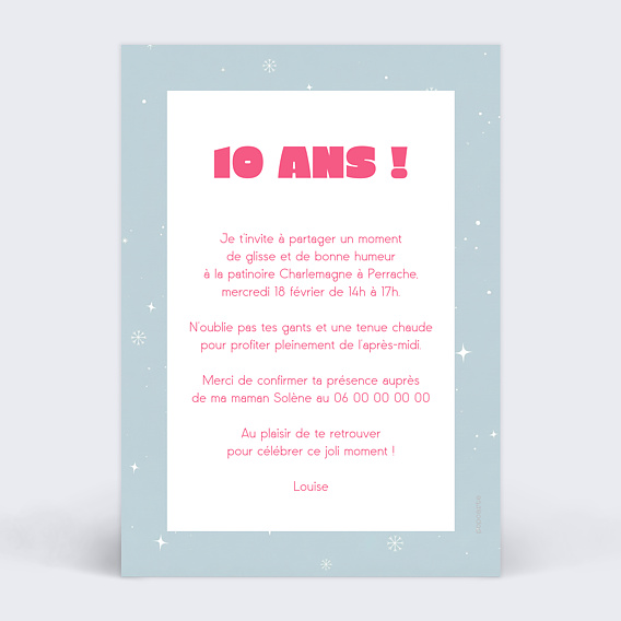 Invitation anniversaire enfant Patinoire Verso