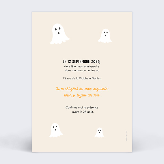Invitation anniversaire enfant Petit Fantôme Verso