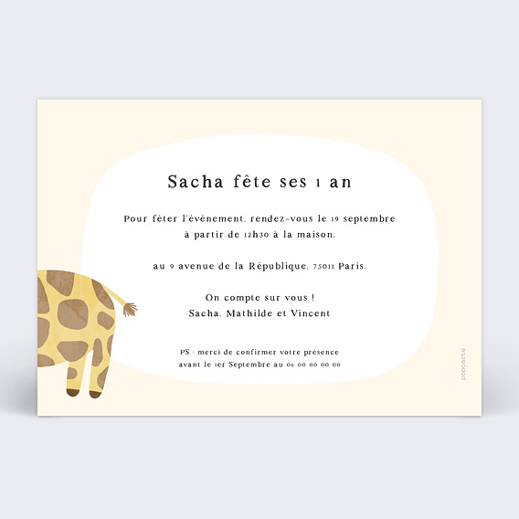 Invitation anniversaire enfant Petite Girafe Verso