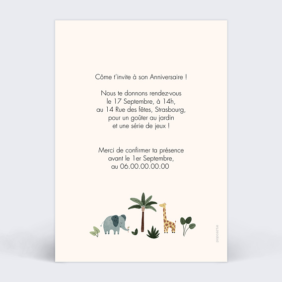 Invitation anniversaire enfant Petite Jungle Verso
