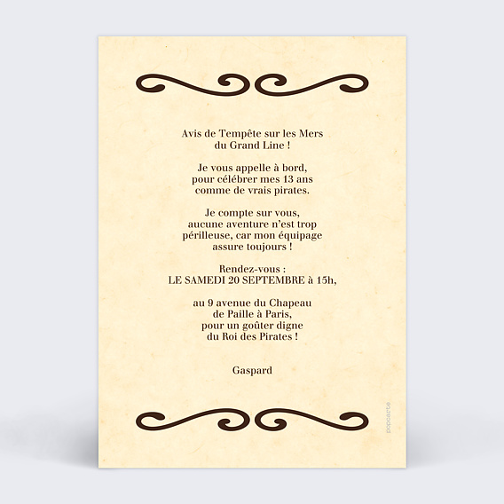 Invitation anniversaire enfant Pirate recherché Verso
