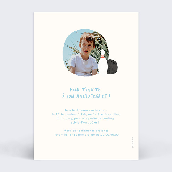 Invitation anniversaire enfant Quilles Verso