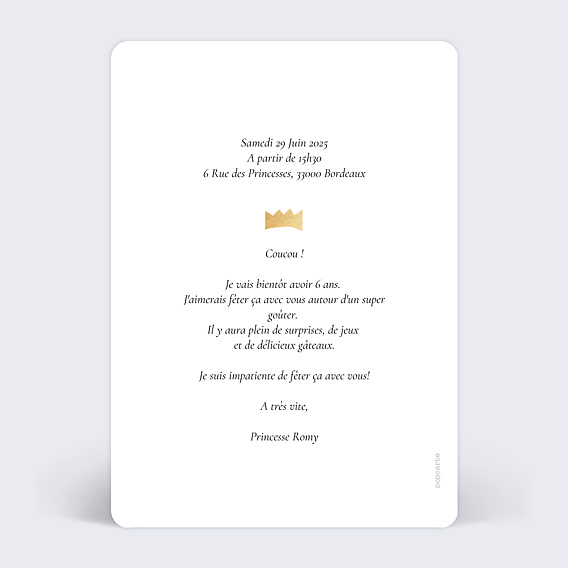 Invitation anniversaire enfant Robe princesse rose Verso