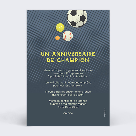 Invitation anniversaire enfant Sportif Verso