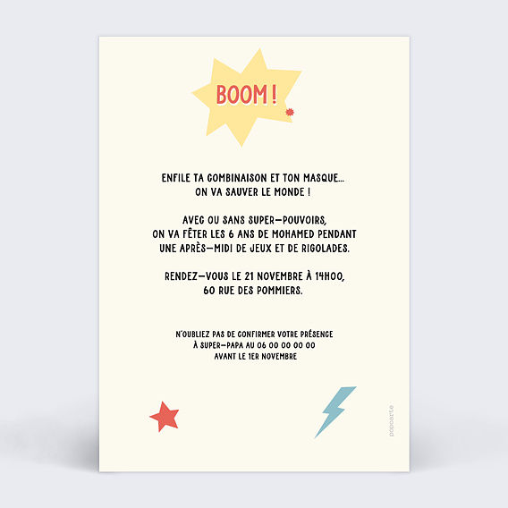 Invitation anniversaire enfant Super Masque Verso