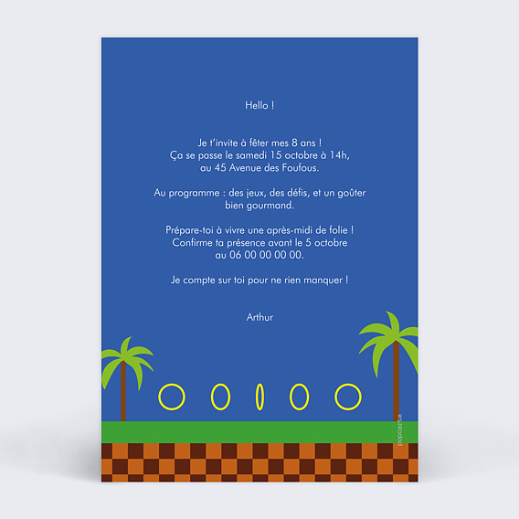 Invitation anniversaire enfant Vitesse Supersonique Verso