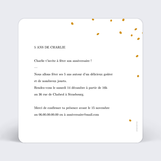 Invitation anniversaire enfant Poussière d'Étoiles Verso