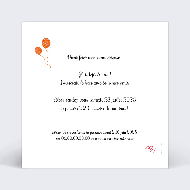 Carte d'invitation anniversaire party Verso