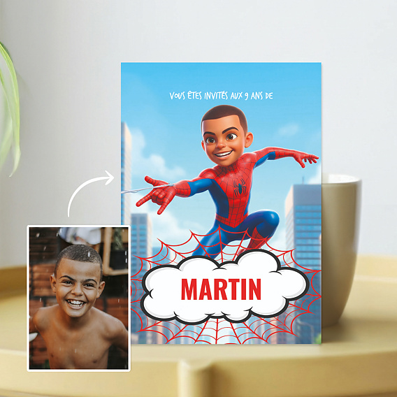 Invitation anniversaire enfant Portrait en super héros araignée Après 1