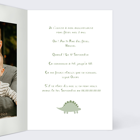 Invitation anniversaire enfant Petit Dinosaure Intérieur Droit
