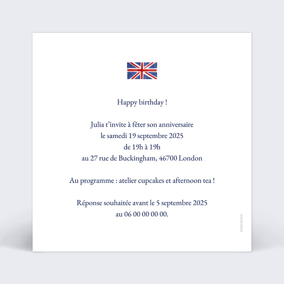 Invitation anniversaire enfant London Verso