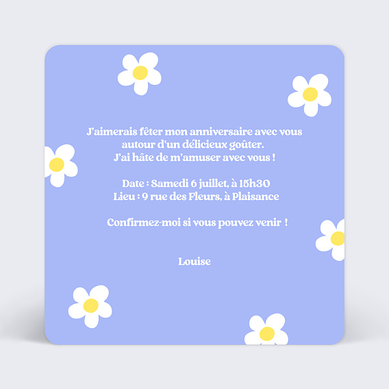 Invitation anniversaire enfant Flower Party Verso
