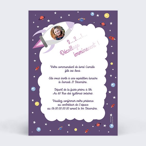 Invitation anniversaire enfant Fusée rose Verso