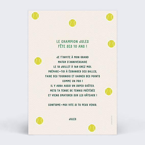 Invitation Anniversaire Enfant Champion tennis