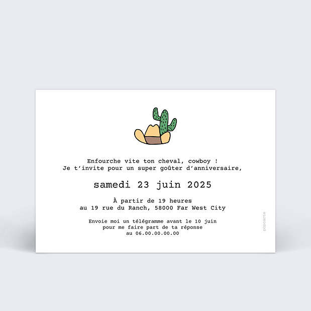 Carte d'invitation anniversaire cowboy Verso