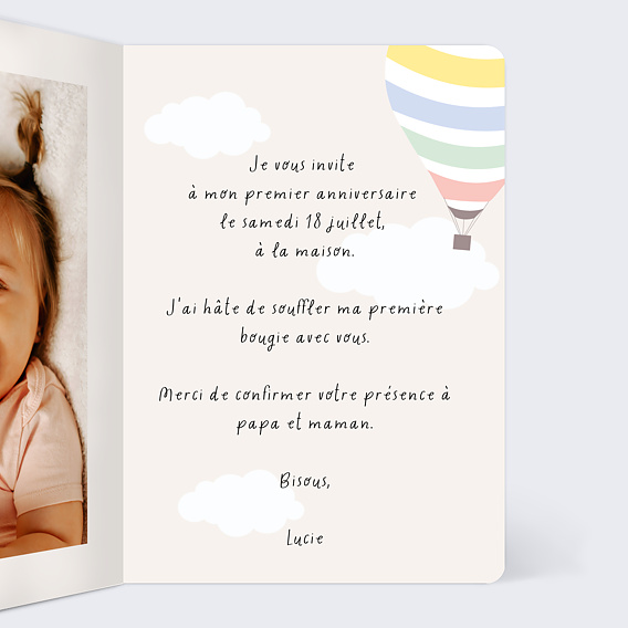Invitation anniversaire enfant Jolie Montgolfière Intérieur Droit