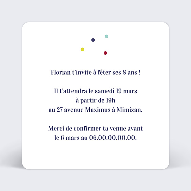 Carte d'invitation anniversaire confetti Verso