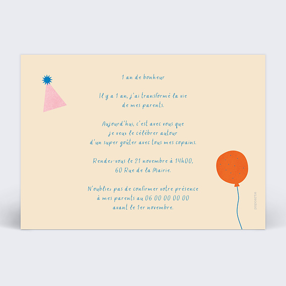Invitation anniversaire enfant Animaux Colorés Verso