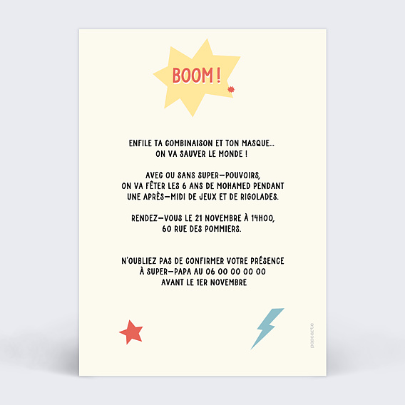 Invitation anniversaire enfant Super Masque Verso