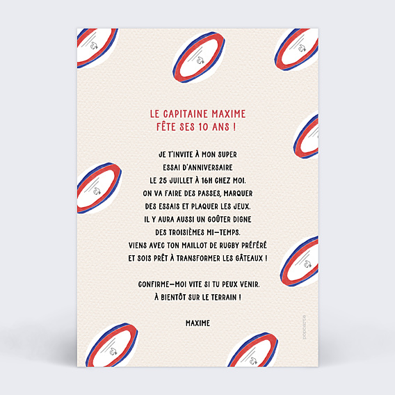 Invitation Anniversaire Enfant Champion Rugby