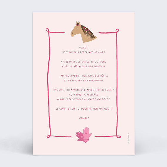 Invitation anniversaire enfant Cavalière Verso