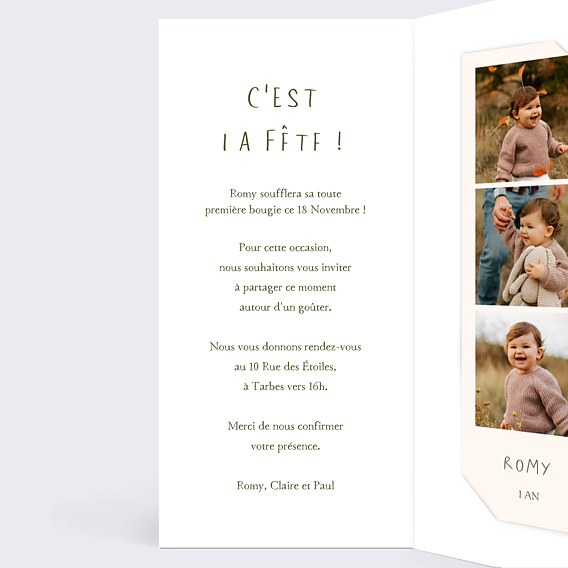 Invitation anniversaire enfant Petit lion photo Intérieur Gauche