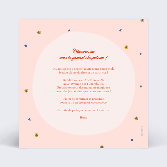 Invitation anniversaire enfant Cirque animalier Verso