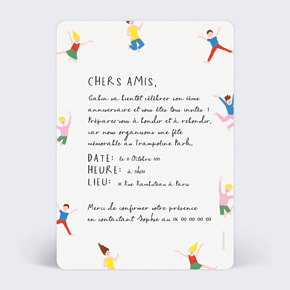 Invitation anniversaire enfant Trampoline Verso